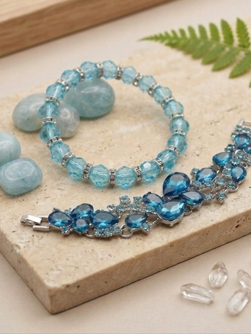 Blue Silver Tone Rhinestone Bracelet And Blue Crystal Stretch Bracelet